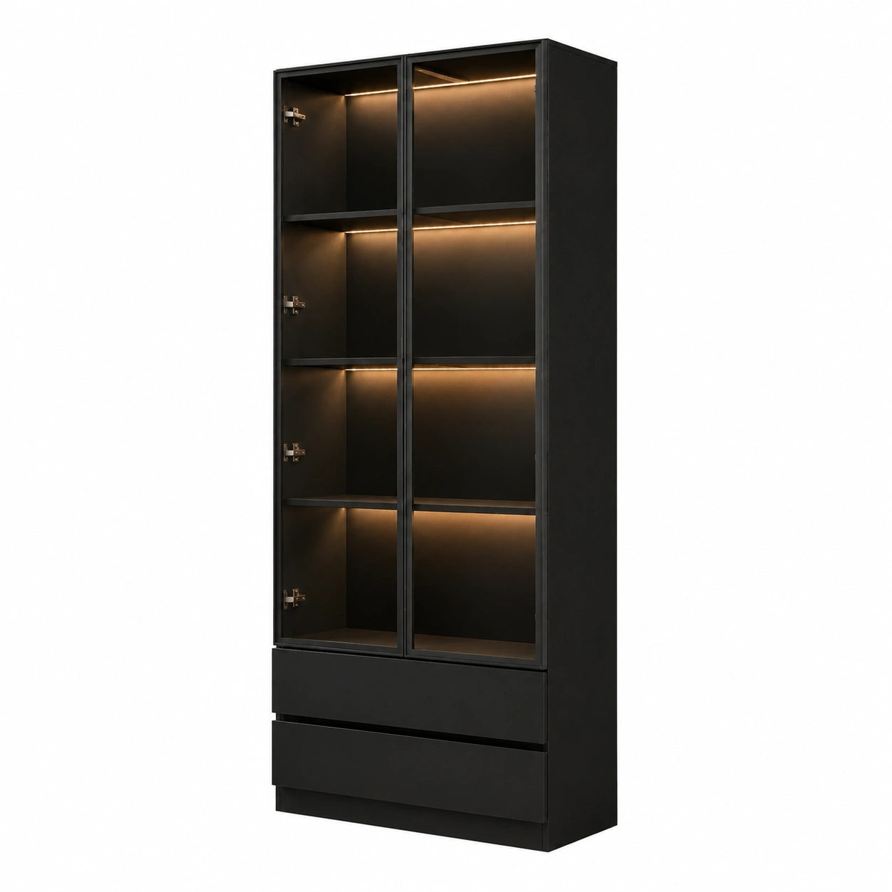 Vitrine – 200 cm, mit Schubladen, mit mehreren Türen, aus MDF, Schwarz, für Esszimmer, Küche und Wohnzimmer